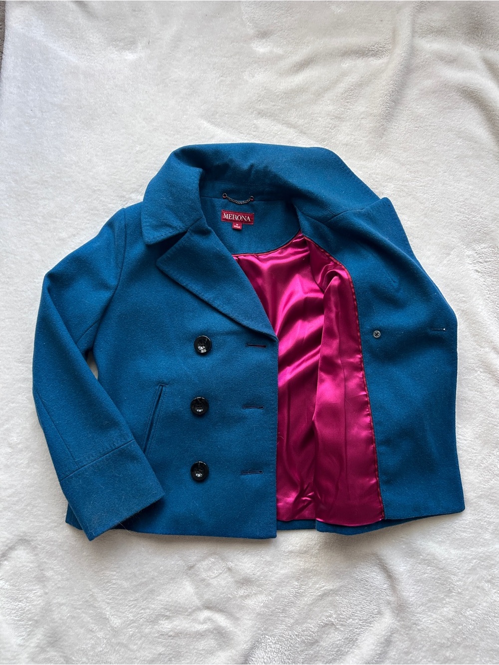 Merona Teal Women's Peacoat with Bright Pink Lining